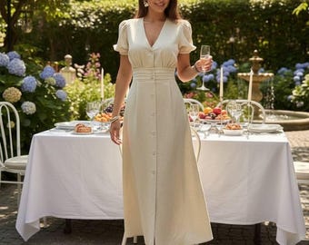 Linen midi dress, beige linen dress, cottagecore dress, puff sleeve dress, button front dress, summer linen dress