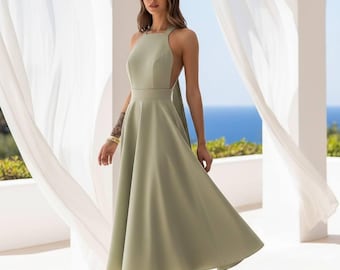 Olive midi dress, wedding guest dress, tea length dress, romantic dress, garden party dress, bridesmaid dress, open back dress