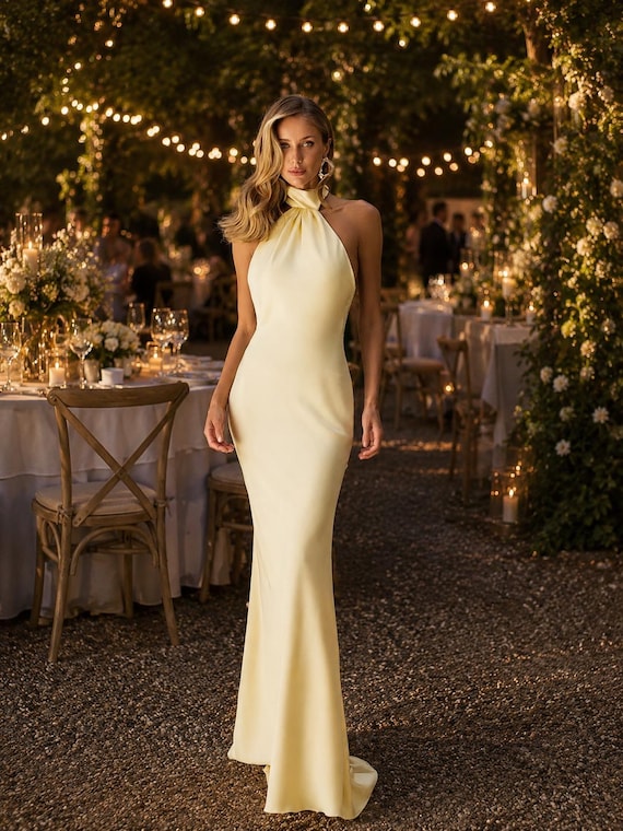 Wedding Guest Dress Yellow Satin Gown | Halter Open Back Maxi Dress