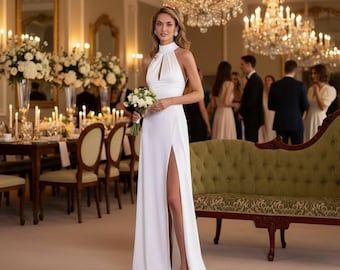 Civil wedding dress, white satin gown, courthouse wedding dress, bridal reception dress, open back wedding dress, minimalist bridal gown