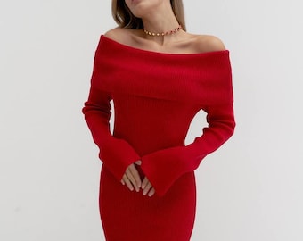 Robe pull moulante en maille à épaules dénudées - Robe longue côtelée douce à manches longues pour femme, idéale pour une soirée romantique en hiver ou au printemps.