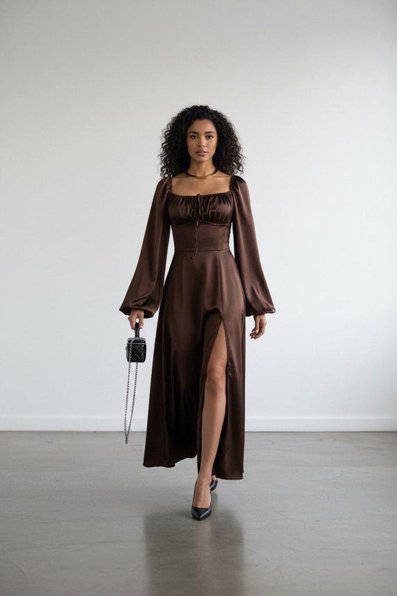 Chocolate Brown Long Sleeve Prom Dress, Espresso Satin Bridesmaid Gown, Square Neck Milkmaid Dress, Cottagecore Wedding Guest, Modest
