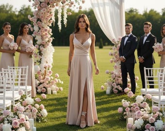 Beige satin bridesmaid dress, maid of honor gown, wedding guest maxi dress, satin slit dress, formal wedding guest outfit