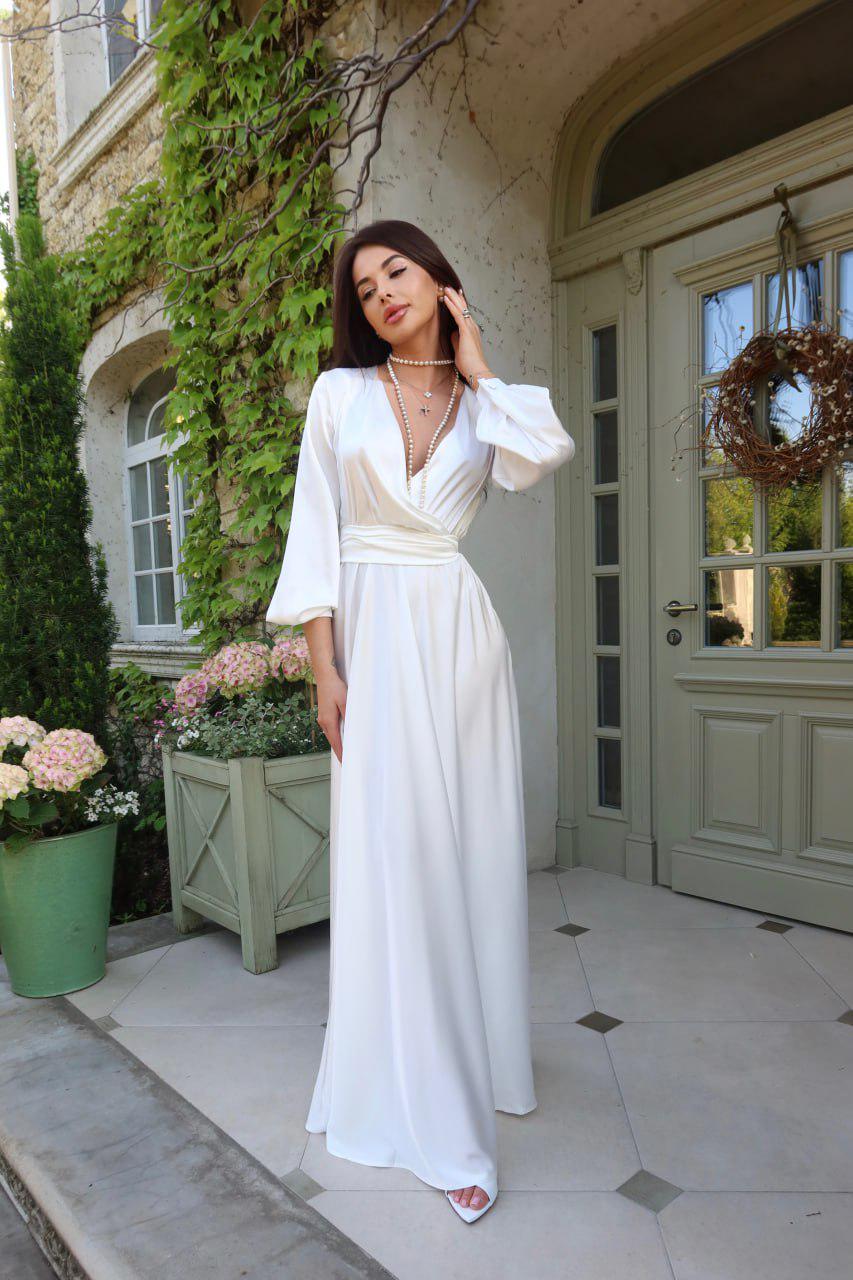 long sleeve wrap wedding dress Minimalist White Maxi Wedding Dress With Long Sleeves Elegant Artificial  Silk Deep V Neck Elopement Gown for Civil Ceremony and Rehearsal