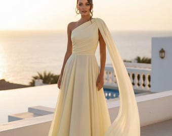 One shoulder chiffon maxi, formal gown, goddess dress, wedding guest dress, greek dress, empire waist dress, flowy dress