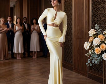Pale Yellow Satin Maxi Dress | Keyhole Long Sleeve Wedding Guest Gown | Sleek Column Evening Dress