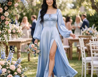 Sky Blue Satin Maxi Dress | Puff Sleeve Wedding Guest Gown | Milkmaid Square Neck Bridesmaid Dress