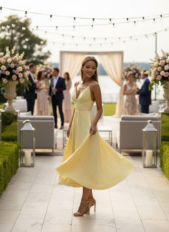 Yellow wedding guest dress, yellow midi dress, bridesmaid midi dress, pastel yellow dress, flowy midi dress, spaghetti strap dress