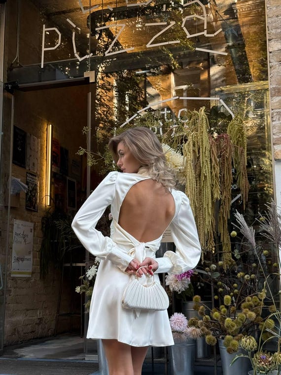 elegant cutie ivory bow long sleeve backless mini dress Satin With Sleeves for Birthday Party, Bachelorette Party, Wedding Guest, Bridesmaid Dress early access Hidden side zipper/clasp White Sequin Dress - Color:Azure