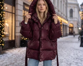 Burgundy Puffer Jacket Oversized | Belted Winter Coat with Hood | Quilted Puffy Jacket for Women