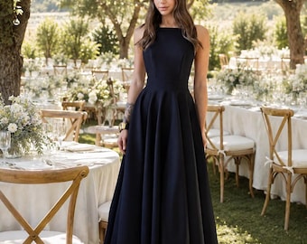 Black Midi Wedding Guest Dress Halter | Open Back A Line Semi Formal Dress | Old Money Cocktail Reception