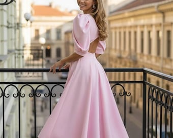 Pink Wedding Guest Midi Dress: Puff Sleeve Backless Summer Gown; Open Back Reception Dress for Women