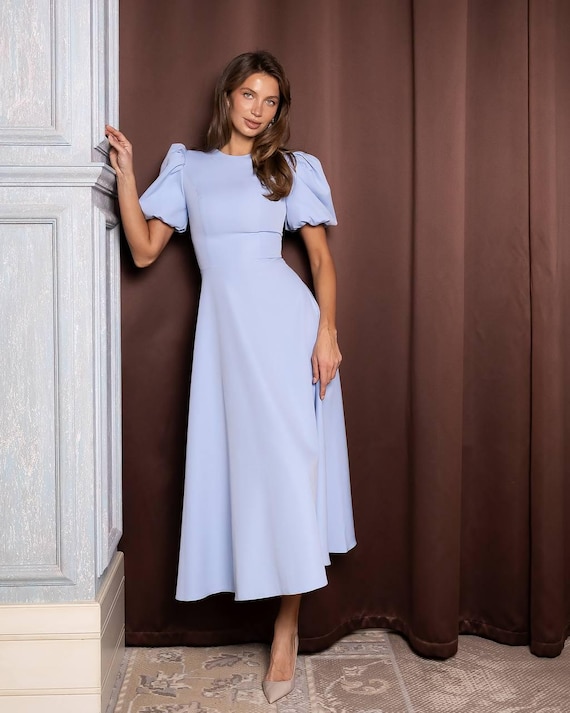 Light blue modest midi dress; elegant church outfit for women; sophisticated baptism guest gown Light blue modest midi dress; elegant church outfit for women; sophisticated baptism guest gown