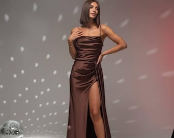Brown satin prom dress, cowl neck evening gown with high slit, sexy homecoming dress for women