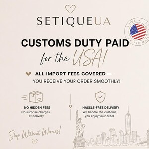 May include: A light-colored informational graphic featuring the text SETIQUEUA, CUSTOMS DUTY PAID for the USA!, ALL IMPORT FEES COVERED, NO HIDDEN FEES, HASSLE-FREE DELIVERY, and Shop Without Worries!. Includes a USA flag stamp and a New York City skyline.