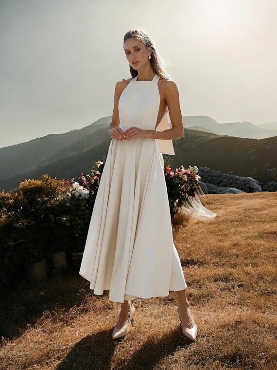 cream reception dress Cream halter midi dress, civil wedding dress for bride, courthouse elopement gown, simple reception outfit, rehearsal dinner, open back