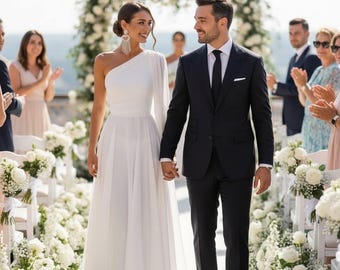 One shoulder chiffon maxi, elopement dress, goddess dress, civil wedding dress, greek wedding dress, elegant white dress