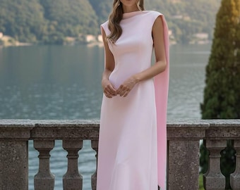 Last size L! Pink Open Back Crepe Maxi Dress, Wedding Guest Gown, Elegant Boat Neck with Long Sash, Formal Evening Gala