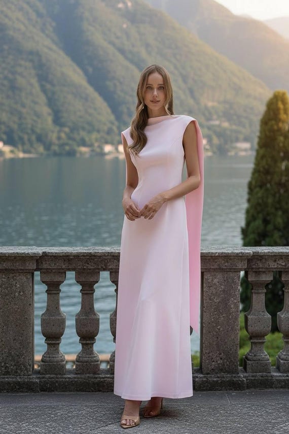 formal sleeveless women's light pink off the shoulder dress Last size L! Open Back Crepe Maxi Dress, Wedding Guest Gown, Elegant Boat Neck with Long Sash, Evening Gala long flowing sash for