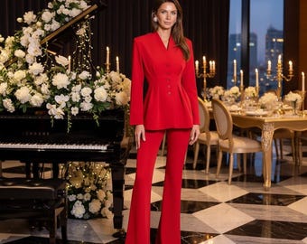 Red pantsuit women, red power suit, wedding guest suit, tailored pantsuit set, formal suit women, rehearsal dinner outfit, blazer set women