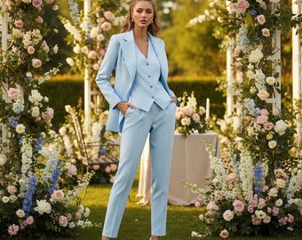 Traje de invitada de boda azul cielo de 3 piezas | Conjunto de blazer, chaleco y pantalón para mujer | Atuendo para cena de ensayo o despedida de soltera