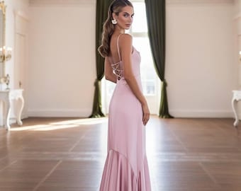 Pink satin floor length gown for prom or gala; elegant cowl neck maxi dress; open back bridesmaid gown in powder pink