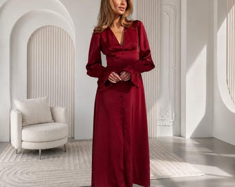 Burgundy Satin Cocktail Dress Long Sleeve | V Neck Button Front Maxi Dress | Evening Date Night Engagement
