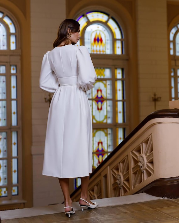 elegant long sleeve midi dress for wedding guest Lavender long sleeve midi dress; modest summer wedding guest gown; elegant pleated V-neck dress