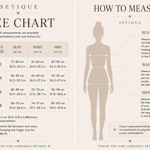 May include: A beige size chart and measurement guide by Setique. The left side displays a table with EU, international, and US sizes alongside bust, waist, and hip measurements in cm and inches. The right side shows a silhouette with instructions.