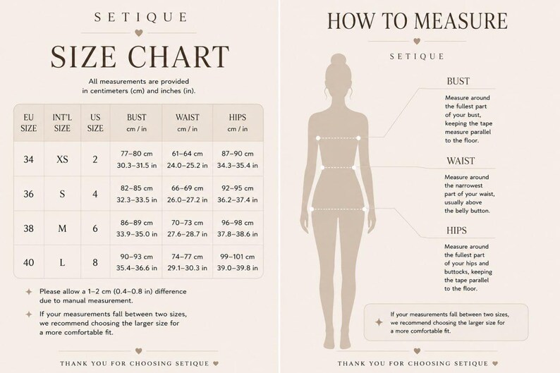 May include: A beige size chart and measurement guide by Setique. The left side displays a table with EU, international, and US sizes alongside bust, waist, and hip measurements in cm and inches. The right side shows a silhouette with instructions.