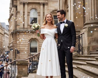 White midi civil wedding dress off shoulder, simple courthouse bridal gown, rehearsal dinner outfit, tea length elopement, bridal shower