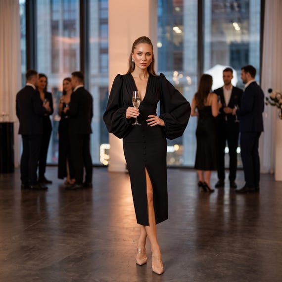 black formal midi dress for wedding Guest | Deep V Neck Long Sleeve With Puff Sleeves & Slit | Cocktail Evening, Fall Outfit and carry a structured