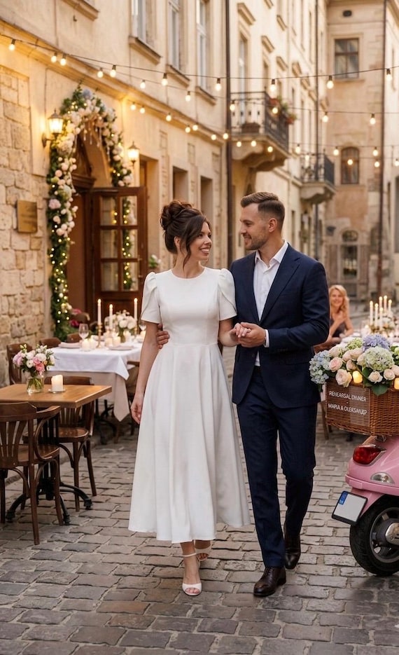 White Puff Sleeve Midi Dress, Modest Bridal Shower, Rehearsal Dinner Gown, Engagement Party Outfit