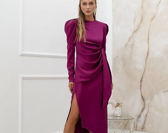 Rowan Satin Midi Dress, Puff Sleeves, 2-way Wearable - Etsy
