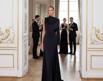 Black tie wedding guest dress, one shoulder satin gown, open back formal dress, luxury gala gown, elegant evening dress
