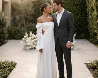 White Satin Off Shoulder Maxi Dress | Civil Wedding Dress with Puff Sleeves | Courthouse Bridal Gown