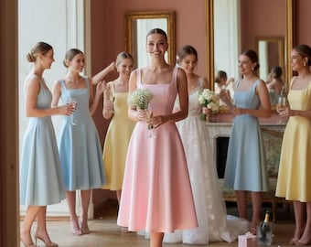 Pink square neck midi dress for wedding guest;  waist corset dress; classy pink prom dress; midi bridesmaid dress for garden wedding