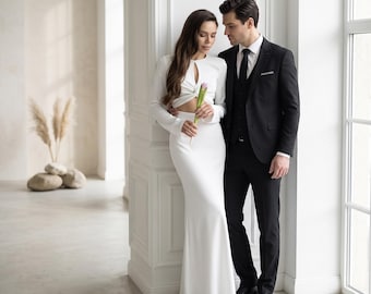 Civil Wedding Dress White Satin | Keyhole Long Sleeve Courthouse Gown | Elopement Dress with Cutout