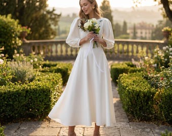 Courthouse wedding dress for civil ceremony, simple midi bridal gown with long sleeves, elegant elopement dress, white reception dress