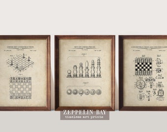 Chess Gift | Chess Print Set of 3 | Vintage Chess Patent Art Prints | Chess Wall Art | Chess Player Gift |  Art  Print Set