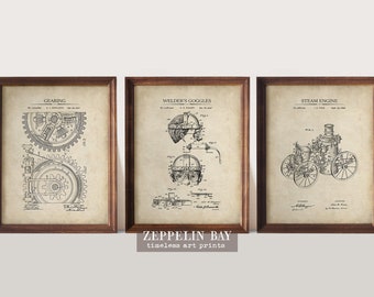 Steampunk Patent Prints - Set of 3 - Steam Engine | Welding Goggles | Gears - Steampunk Wall Decor |  Art    Print Set