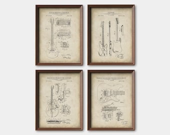 Guitarist Gift | Guitar Patent Prints | Set of 4 | Vintage Guitar Wall Art | Fender & Gibson Patents | Guitar Player Gift