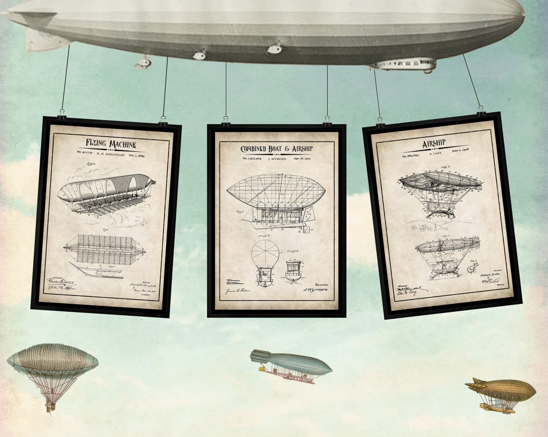 Steampunk Airship Prints Set of 3 Steampunk Wall Decor - Etsy