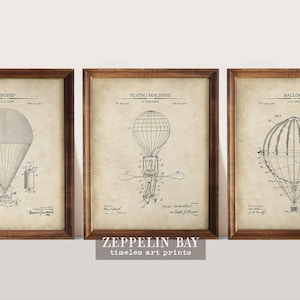 Hot Air Balloon Prints, Steampunk Inventions, Vintage Balloon & Airship Patent Art, Hot Air Balloon Posters,  Art    Print Set