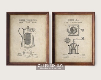 Coffee Patent Print Set of 2, Vintage Kitchen Wall Art, Coffee Mill & Percolator Art Prints, Gift for Coffee Lovers, Coffee Posters