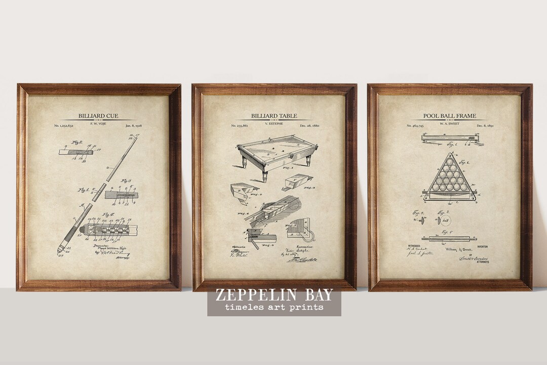 Billiards Patent Prints Set of 3 Billiards Wall Art Game Room Decor