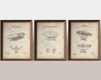 Steampunk Airship Prints | Set of 3 | Steampunk wall decor | Vintage Airship Posters | Airship Patent Art |   Art    Prints