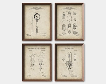 Thomas Edison Print Set of 4, Electric Light & Lamp Patent Prints, Thomas Edison Invention Posters, Industrial Wall Art,  Art