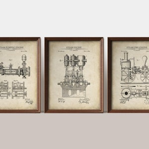 Steampunk Patent Prints, Set of 3, Vintage Steam Engines Patent Art Prints, Steampunk Wall Art, Industrial Home Decor,  Art    Prints