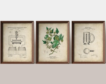 Beer Brewing Gift, Vintage Beer Patent Prints & Hops Illustration, Beer Wall Decor, Bar Decor, Bar Wall Art,  Art Print Set